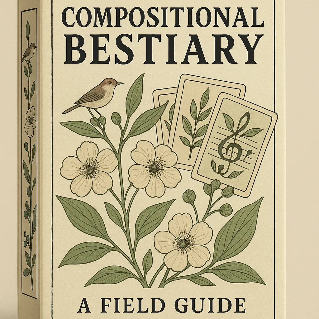 The Compositional Bestiary cover: a hand-drawn songbird, wild roses, and a fan of playing cards engraved in olive line-work on cream paper, titled "A Field Guide".