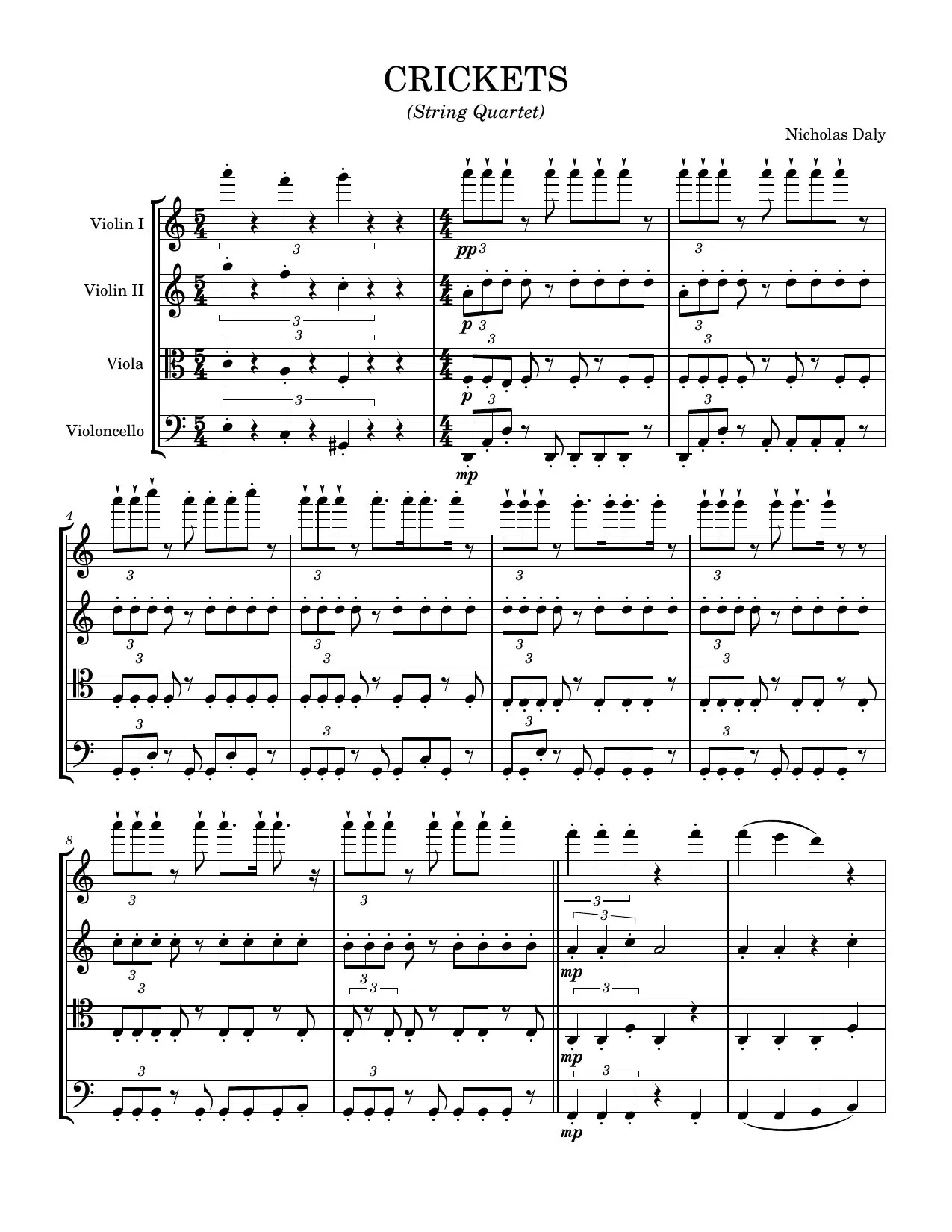 The first page of the Crickets score for string quartet, with rapid repeated figures and tuplets stacked across the four staves.